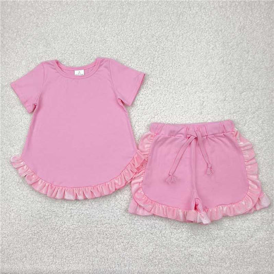 12.19 RTS NO MOQ （In stock）Matching GSSO2181 Baby Girls Pink Cotton Top Ruffle Shorts Clothes Sets