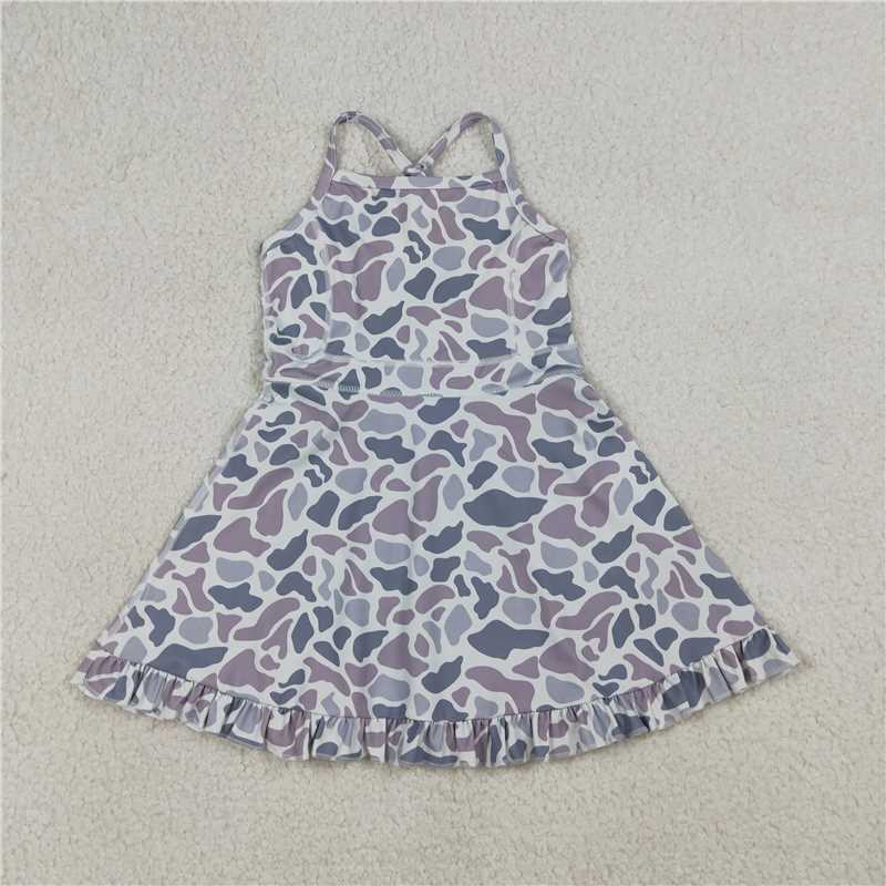 USA Warehouse (IN STOCK) GSD2308 Grey camo straps ruffle girls athletic dress