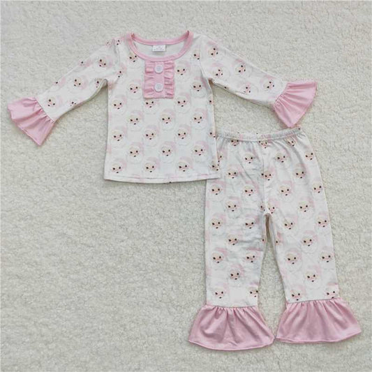 12.10 RTS NO MOQ （In stock）GLP0695 Baby Girls Christmas Pink Santa Ruffle Pants Pajamas