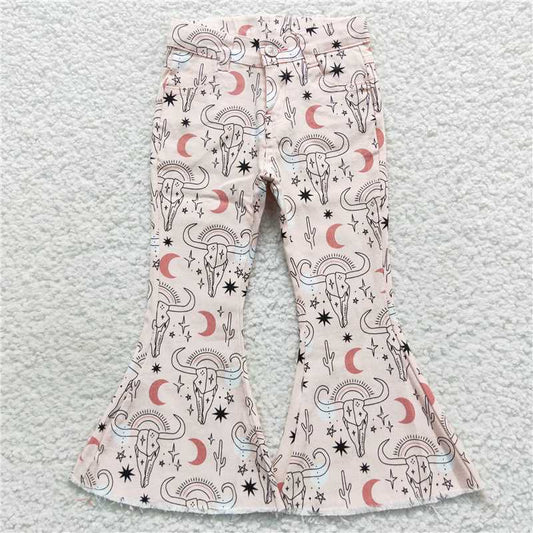 P0226  Baby Girls Western Pink Cow Denim Bell Pants