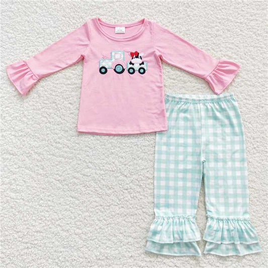 GLP0487Cow tractor shirt ruffle pants girls farm clothes