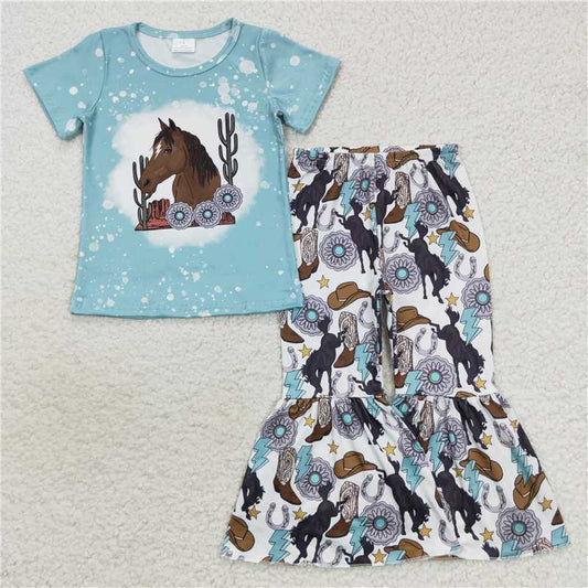 GSPO0831 Cactus Gem Horse Boots Lightning Blue Short Sleeve Pants Set