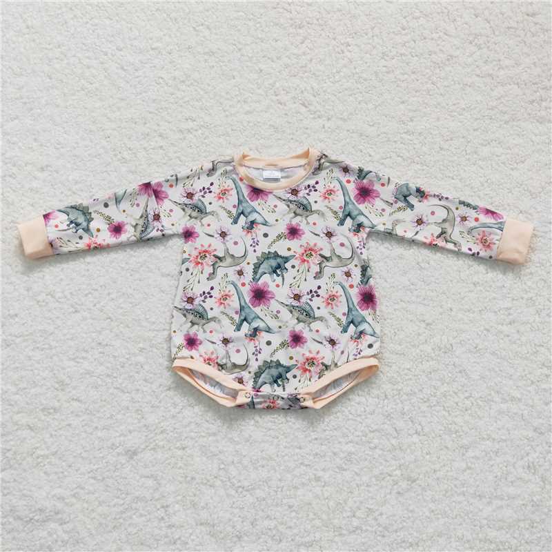 LR0436Floral dinosaur long sleeves baby girls romper