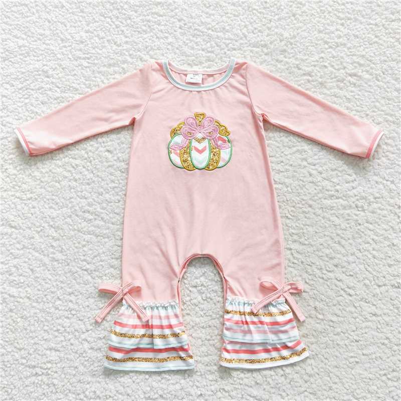 LR0402Long sleeves pumpkin stripe ruffles baby fall romper