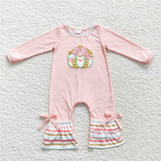 LR0402Long sleeves pumpkin stripe ruffles baby fall romper