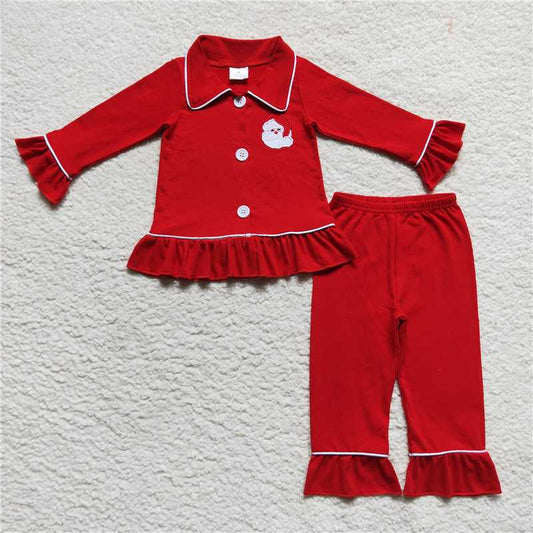 12.10 RTS NO MOQ （In stock）GLP0699 Baby Girls Christmas Santa Red Button Up Pajamas Clothes Sets