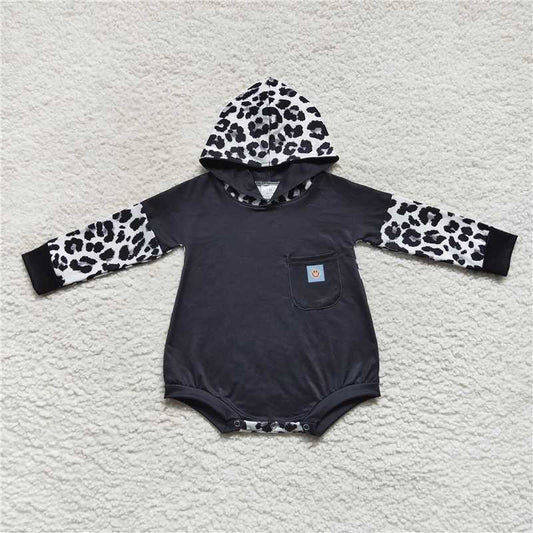 RTS  LR0594 Black leopard print hooded long-sleeved jumpsuit with smiley face pockets
