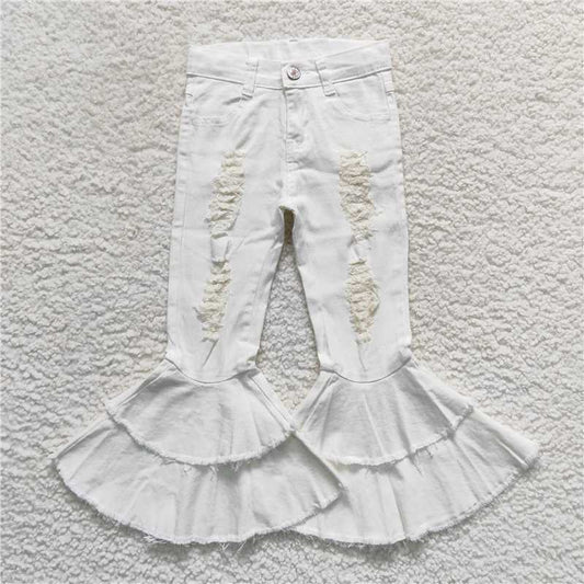P0129  Baby Girls White Double Ruffle Distressed Denim Bell Pants