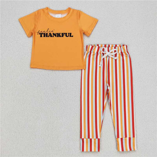 BSPO0167 Baby Boys Orange Thankful Tee Thanksgiving Shirt Stripes Pants Clothes Sets