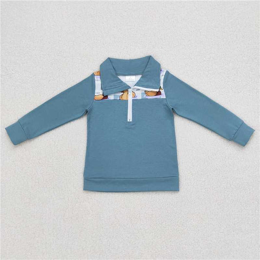BT0329  Baby Boys Fall Duck Blue Checkered Zip Pullover Tops