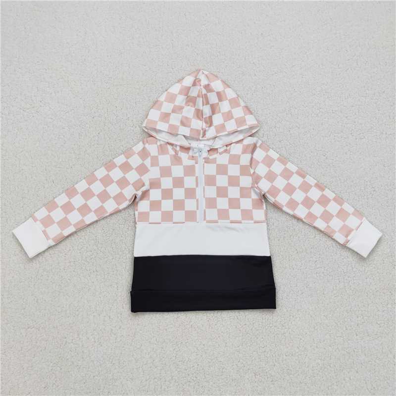 BT0367 Khaki plaid black and white zip-up hooded long-sleeved top