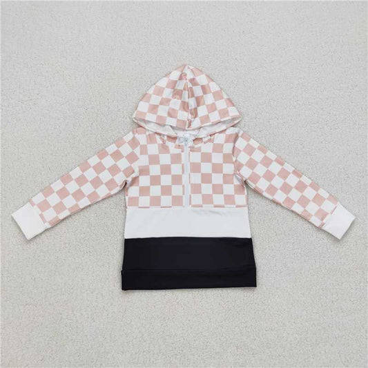 BT0367 Khaki plaid black and white zip-up hooded long-sleeved top