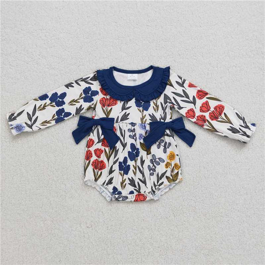LR0697Long sleeves floral bow baby girls romper