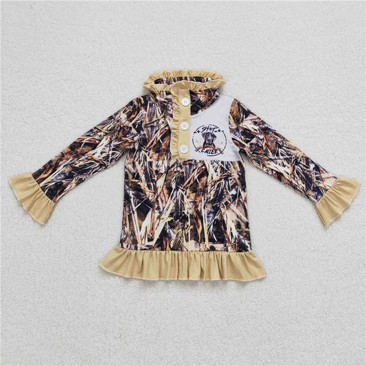 GT0313  Baby Girls Camo Hunting Dog Ruffle Pullover Tops