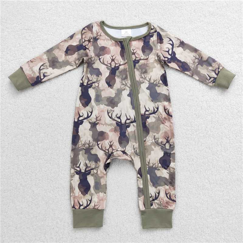 USA Warehouse (IN STOCK) LR0662 Baby Boys Camo Deer Zip Long Sleeve Rompers