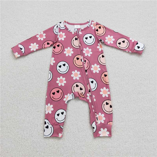 LR0649Smile floral heart long sleeves baby girls zipper romper