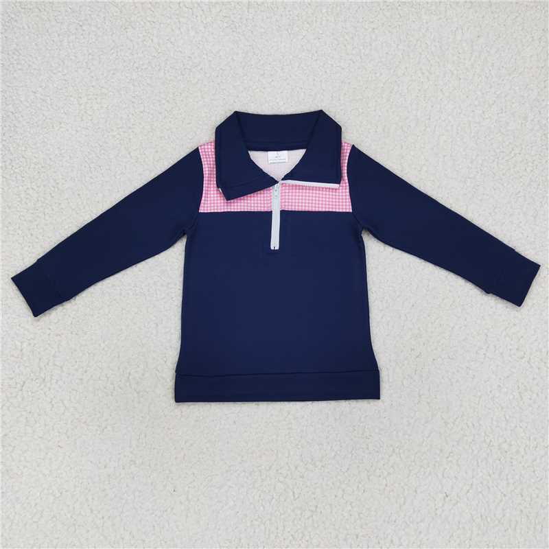 BT0290  Baby Girls Navy Long Sleeve Elbow Pullover Tee Shirt Tops