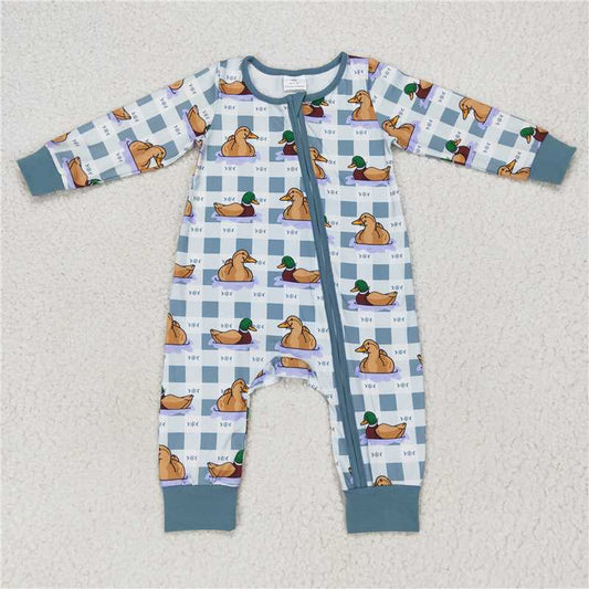 RTS LR0657 Duck blue and white plaid zipper long-sleeved jumpsuit