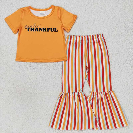 GSPO0883 Thankful letter orange short-sleeved blue and red striped flared pants suit