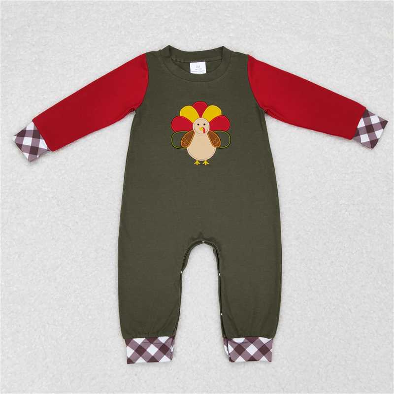 RTS LR0670 Embroidered turkey khaki plaid dark green long-sleeved jumpsuit
