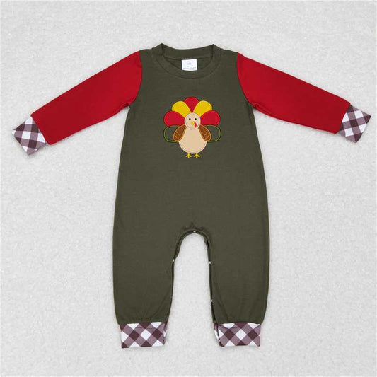 RTS LR0670 Embroidered turkey khaki plaid dark green long-sleeved jumpsuit