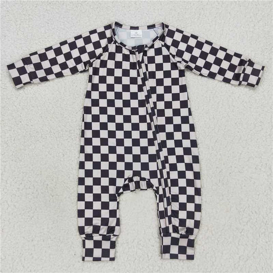 RTSLR0655 Irregular plaid beige zipper long-sleeved jumpsuit