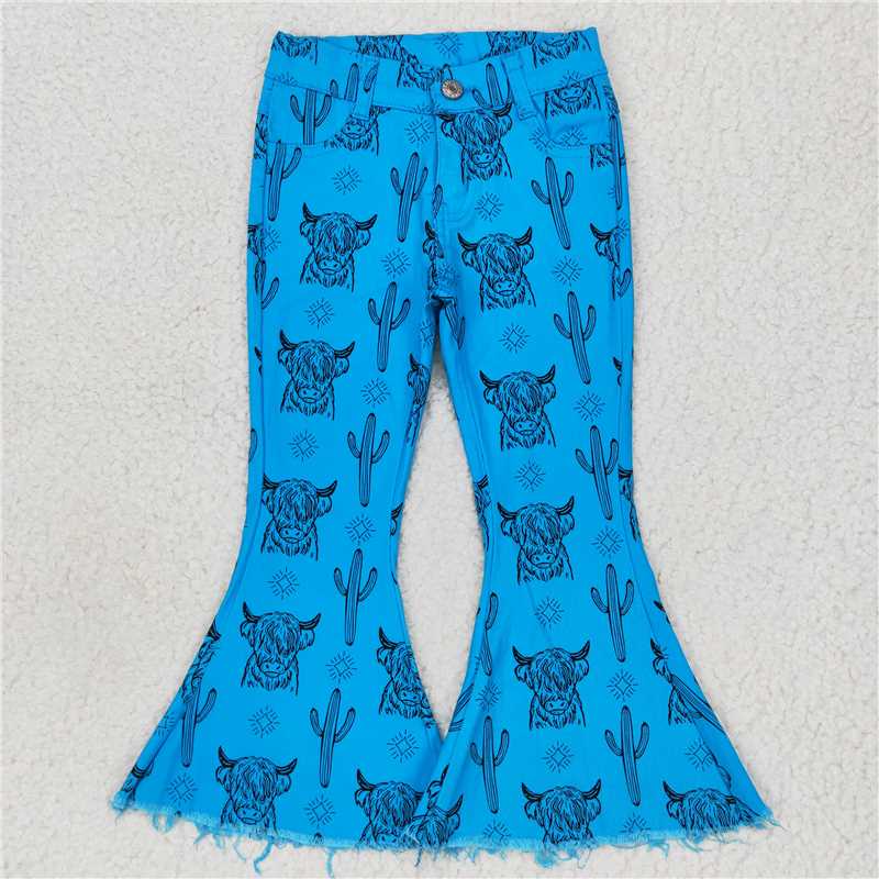 P0281  Baby Girls Blue Highland Cow Cactus Denim Bell Pants