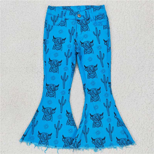 P0281  Baby Girls Blue Highland Cow Cactus Denim Bell Pants
