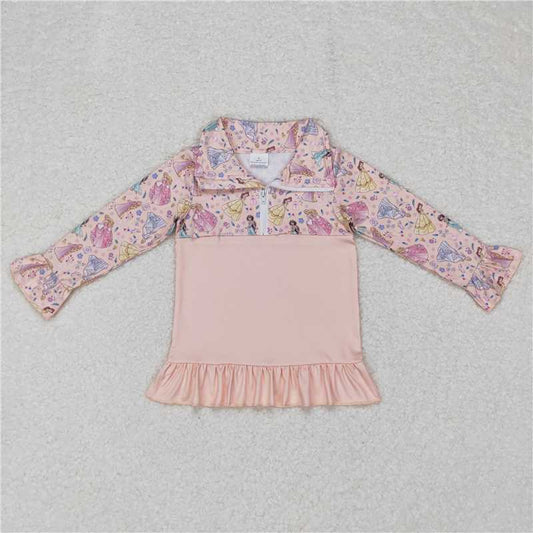 GT0297  Baby Girls Pink Princess Ruffle Zip Pullover Tops