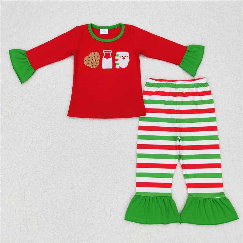 GLP0726 Embroidered Cookies Milk Santa Claus Lace Red Green White Striped Long Sleeve Pants Set