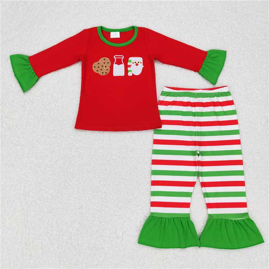 12.10 RTS NO MOQ （In stock）GLP0726 Baby Girls Red Cookie Milk Santa Stripes Pants Pajamas Clothes Sets