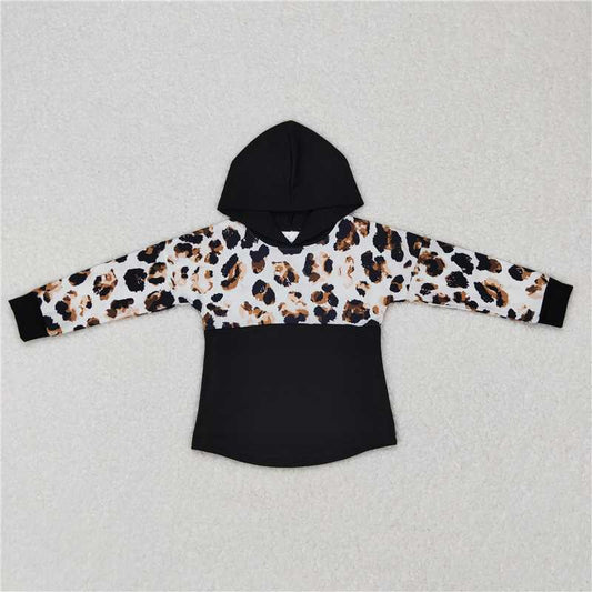 BT0368 Leopard print black hooded long-sleeved top