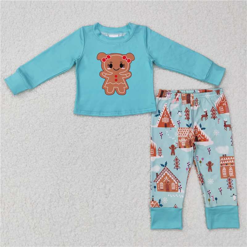 GLP0778 Girls' Gingerbread Man Green Long Sleeve Pants Set