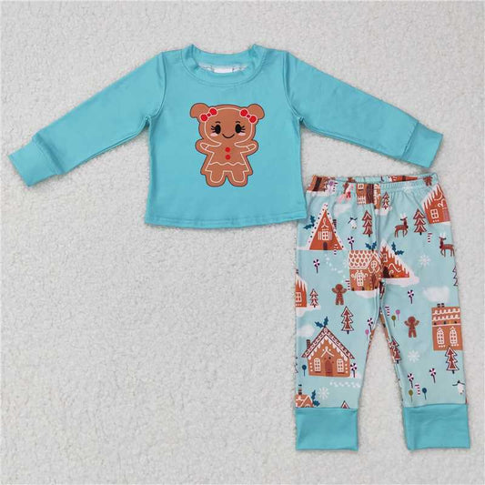 GLP0778 Girls' Gingerbread Man Green Long Sleeve Pants Set