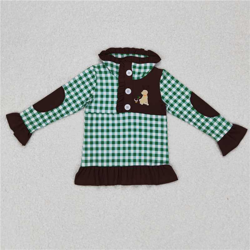 GT0284  Sibling Girls Baby Boys Hunting Green Checkered Pullover Tee Shirt Tops