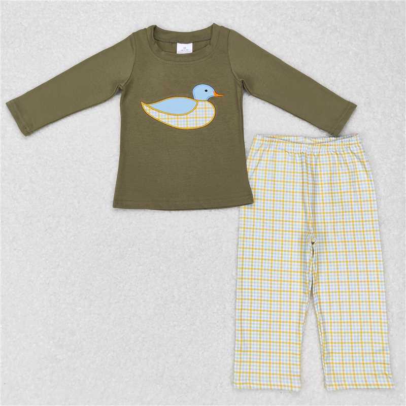 BLP0335Long sleeves duck top plaid boy clothing set