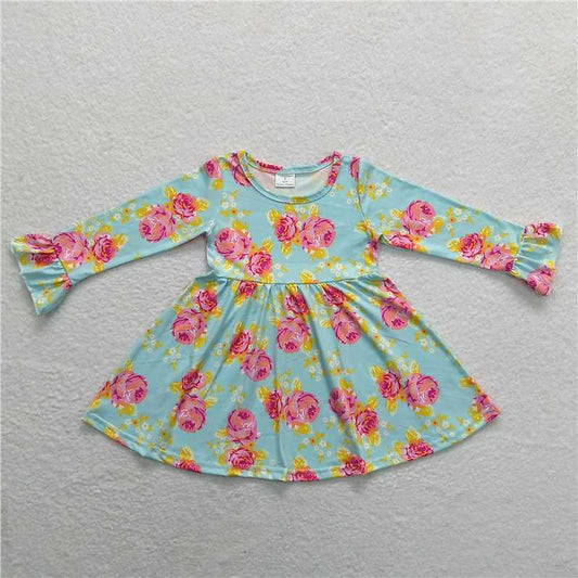 9.30 RTS NO MOQ（In stock）G3-24,./ Baby Girls Winter Dress Pink and yellow floral blue long-sleeved dress