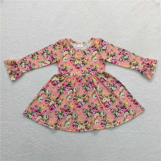9.16 RTS NO MOQ （In stock）G3-24,/; Baby Girls Winter Dress Baby Girls Pink flowers and green leaves, lotus root pink knee-length Dresses