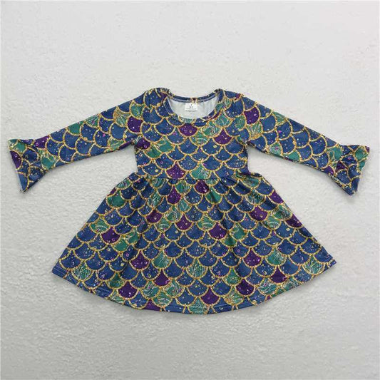 9.17 RTS NO MOQ（In stock）G3-24-1'[ Baby Girls Winter Dress Baby Girls Blue and purple fish scale long-sleeved dress