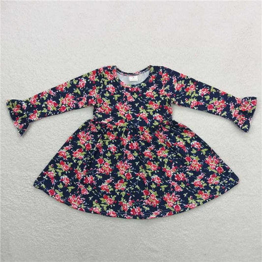 9.19 RTS NO MOQ（In stock）G3-24-3/.' Baby Girls Winter Dress Pink floral navy long-sleeved dress