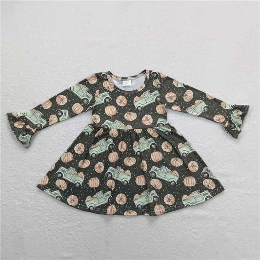 9.18 RTS NO MOQ（In stock）G3-24-3';/ Baby Girls Winter Dress Baby Girls Truck Pumpkin Dark Green Long Sleeve Dress