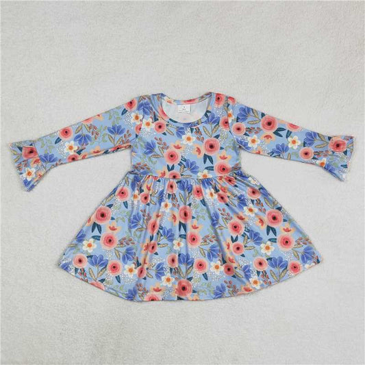 9.22 RTS NO MOQ（In stock）G3-24-4/.; Baby Girls Winter Dress Pink flowers, blue leaves, blue long-sleeved dress