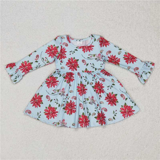 9.22 RTS NO MOQ（In stock）G3-24-4;'/ Baby Girls Winter Dress Red flower light green long sleeve dress