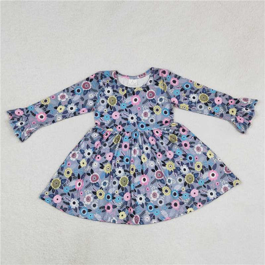 9.19 RTS NO MOQ（In stock）G6-16-7 Baby Girls Winter Dress Colorful floral grey long-sleeved dress