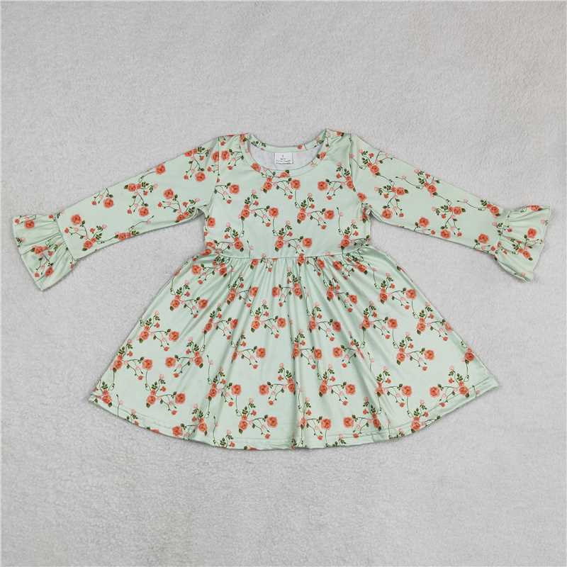 9.19 RTS NO MOQ（In stock）G6-16-7. Baby Girls Winter Dress Orange flower light green long-sleeved dress