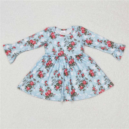 9.22 RTS NO MOQ（In stock）G6-16-7[ Baby Girls Winter Dress Red flower light blue long sleeve dress