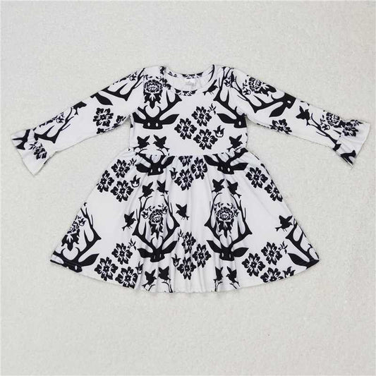9.20 RTS NO MOQ（In stock）G6-16-7\ Baby Girls Winter Dress Black flower antler white long-sleeved dress