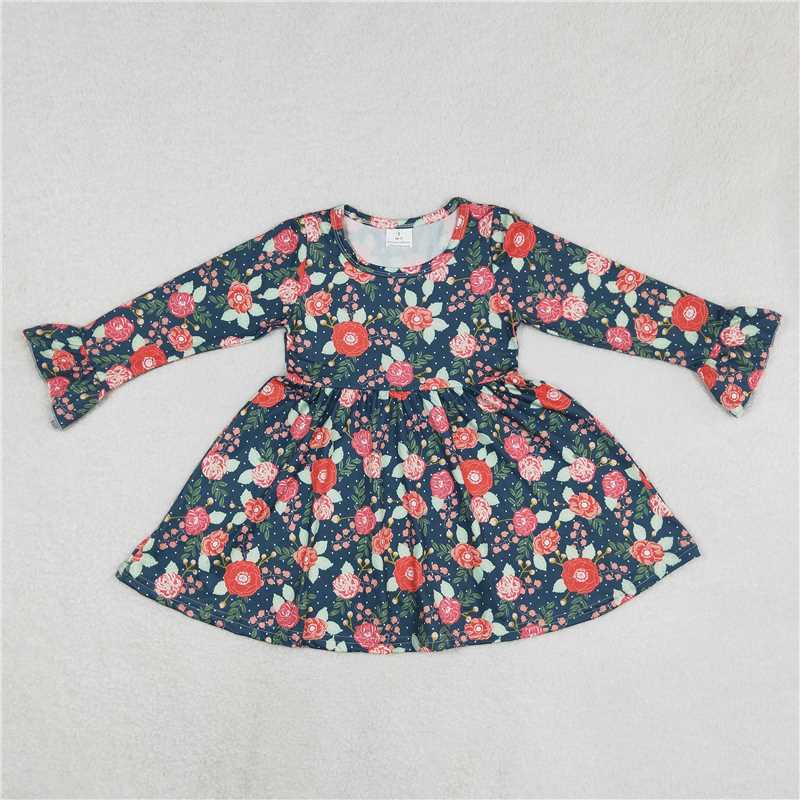 9.18 RTS NO MOQ（In stock）G6-16-7,, Baby Girls Winter Dress Baby Girls Navy blue long-sleeved dress with red flowers, green leaves and white dots