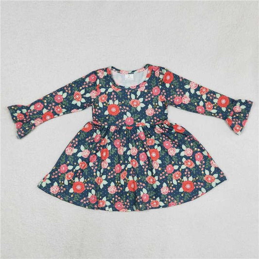 9.18 RTS NO MOQ（In stock）G6-16-7,, Baby Girls Winter Dress Baby Girls Navy blue long-sleeved dress with red flowers, green leaves and white dots