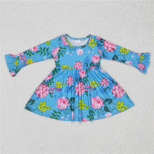 9.17 RTS NO MOQ（In stock）G6-16-6, Baby Girls Winter Dress Baby Girls Pink and yellow floral blue long-sleeved dress